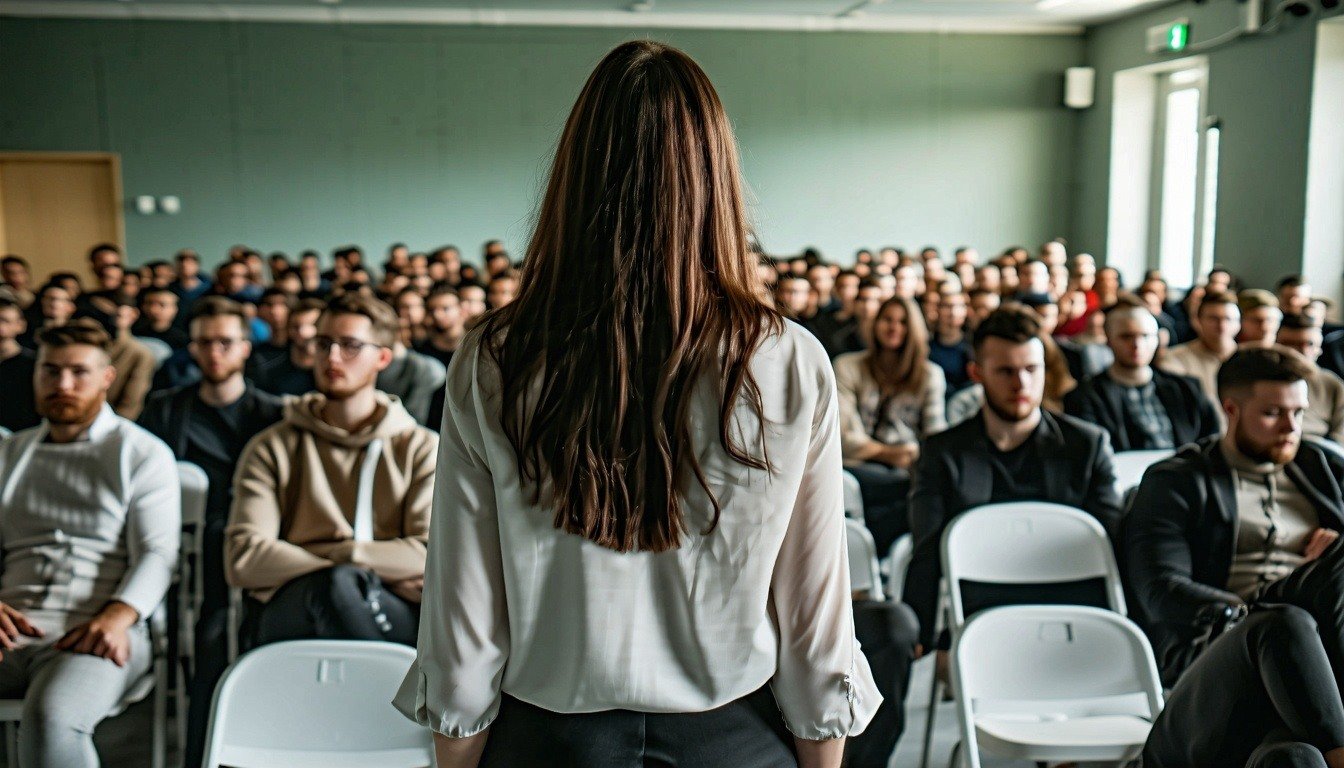 only woman in a room full of men
